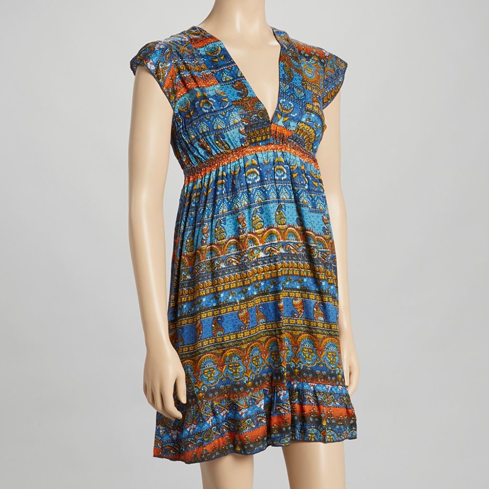 FUNKY PEOPLE Blue & Orange Print V-Neck Dress